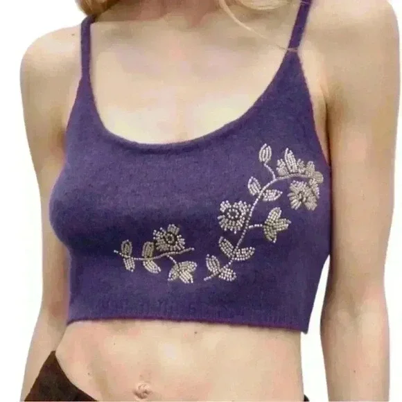 ❣️Zara Dark Purple Flower Beaded Wool Knit Crop Top NWT Size Small, smoke free - Picture 4 of 14